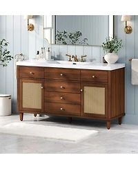 Sillysis 60 Inch Modern Bathroom Vanity with Sink, Brown Solid Wood Mdf Cabinet, Rattan Doors, Soft Close Drawers, Pine Legs
