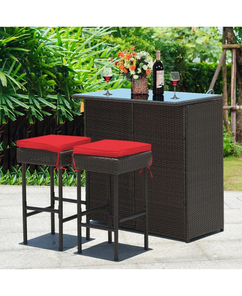Gouun 3-Piece Patio Rattan Wicker Bar Set with Cushioned Stools and Glass Top