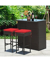 Gouun 3-Piece Patio Rattan Wicker Bar Set with Cushioned Stools and Glass Top