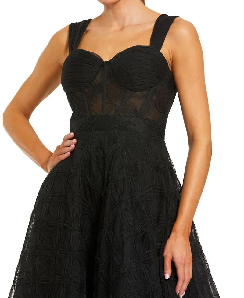 Mac Duggal Women's Sleeveless A Line Bustier Floral Tulle Midi Dress