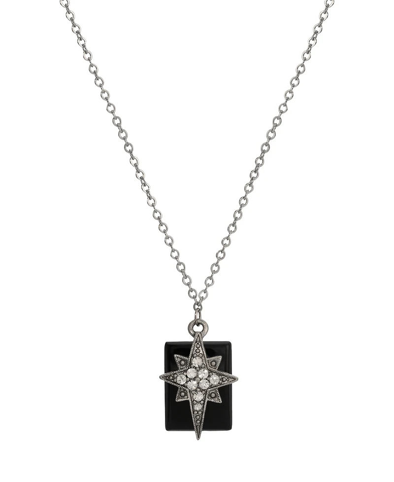 Symbols of Faith Pewter Star of Bethlehem Clear Crystals Onyx Rectangle 16" Necklace