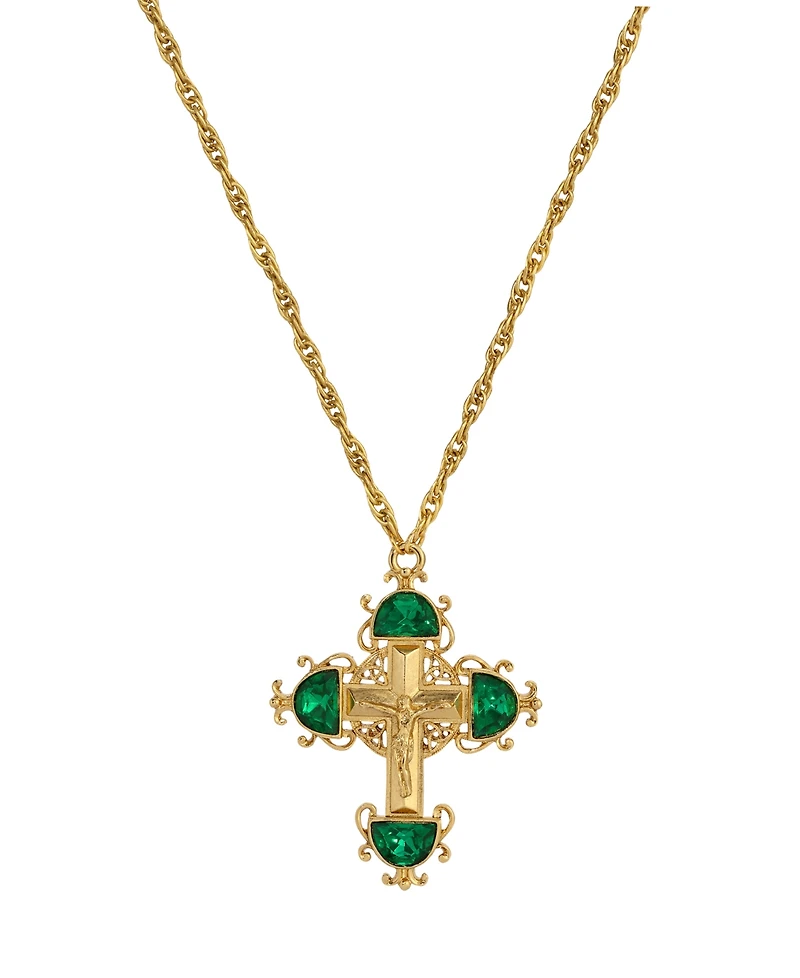 Symbols of Faith Gold-Tone Cross Emerald Green Crystals 28" Necklace