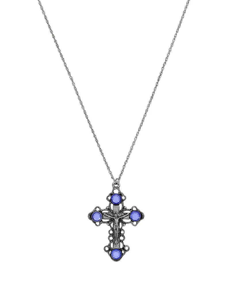 Symbols of Faith Pewter/Silver-Tone Sapphire Crystal Cross 18" Necklace