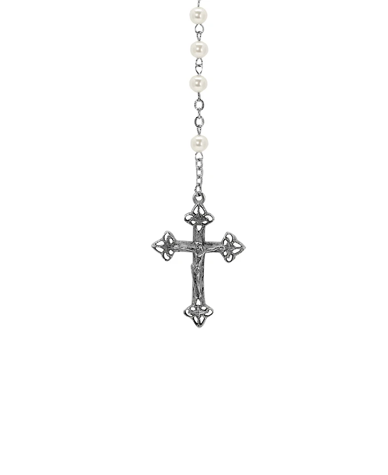 Symbols of Faith Silver-Tone Crucifix Mary Child Decal Pearl Bead Rosary