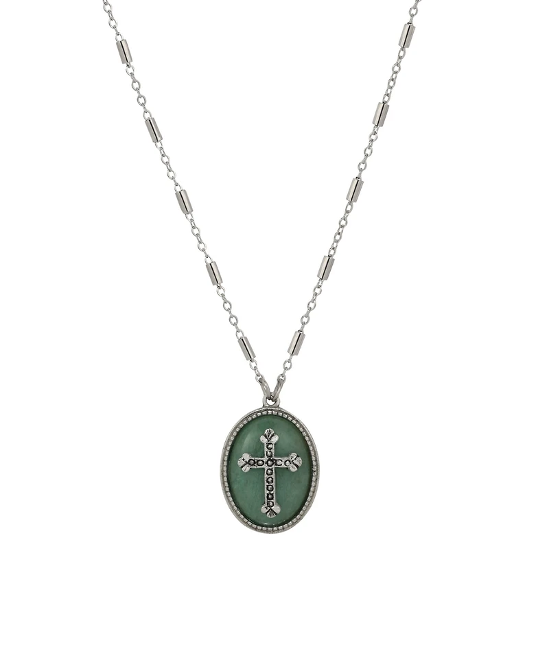 Symbols of Faith Silver-Tone Oval Adventurine Stone Pewter Cross 18" Necklace