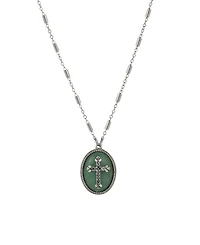 Symbols of Faith Silver-Tone Oval Adventurine Stone Pewter Cross 18" Necklace