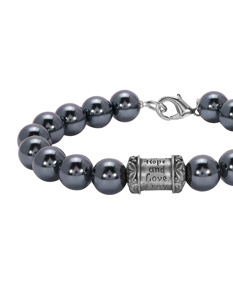 Symbols of Faith Silver-Tone Glass Black Imitation Pearl Prayer Bead Bracelet