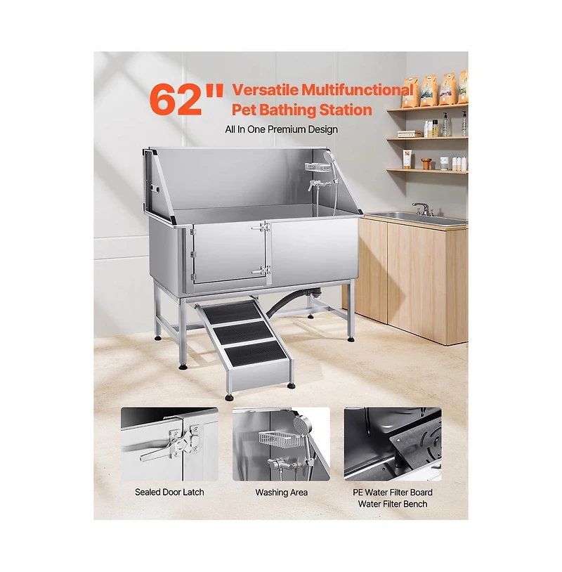 Ruie 62 inch Stainless Steel Dog Washing Station with Walk Up Ramp Filter Board