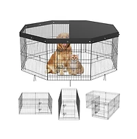 Ruie 8 Panel Foldable Metal Dog Playpen with Top Cover and Ground Stakes 24 in H