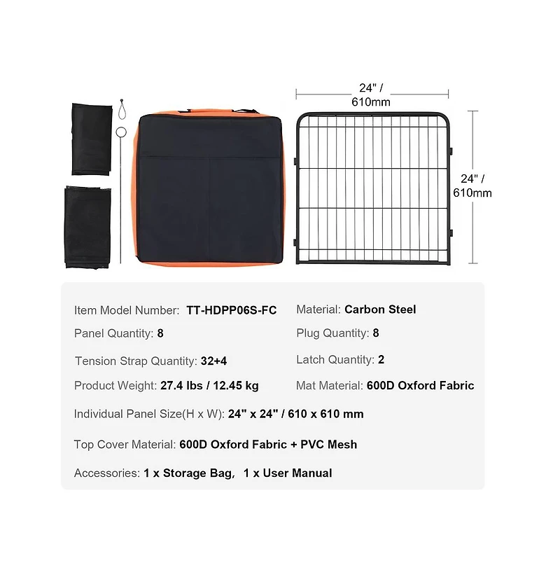 Ruie 8 Panel Foldable Metal Dog Playpen 24 in with Top Cover Bottom Pad Storage Bag