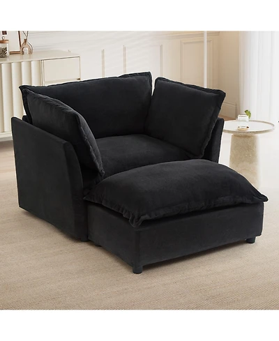 Rainsken Modern Single Sofa with Movable Ottoman, 47" Cozy Upholstered Sofa Chair with Wide Seat, Curved Armrests and Soft Pillows for Living Room