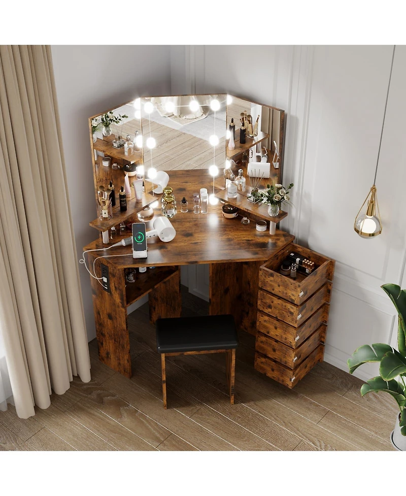 gaomon Farmhouse Vanity Desk with Mirror and Lights,Modern Makeup Vanity with Charging Station
