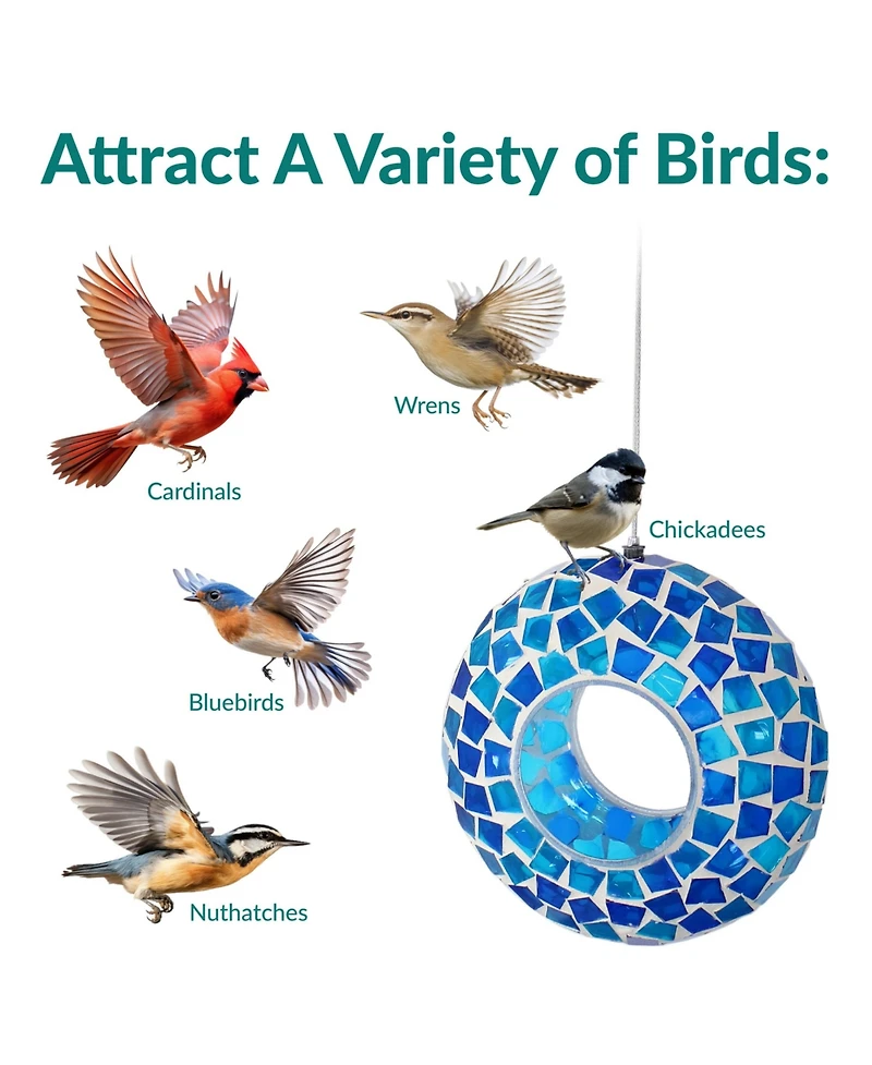 Outdoor Garden Patio Round Glass with Mosaic Design Hanging Fly-Through Bird Feeder
