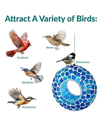 Outdoor Garden Patio Round Glass with Mosaic Design Hanging Fly-Through Bird Feeder