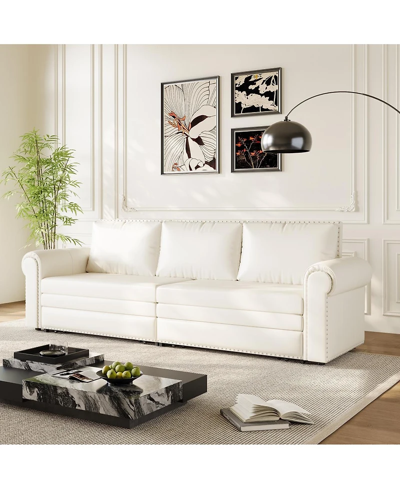 Streamdale Furniture Chesterfield Faux Leather Sleeper Sofa with Nailhead Trim