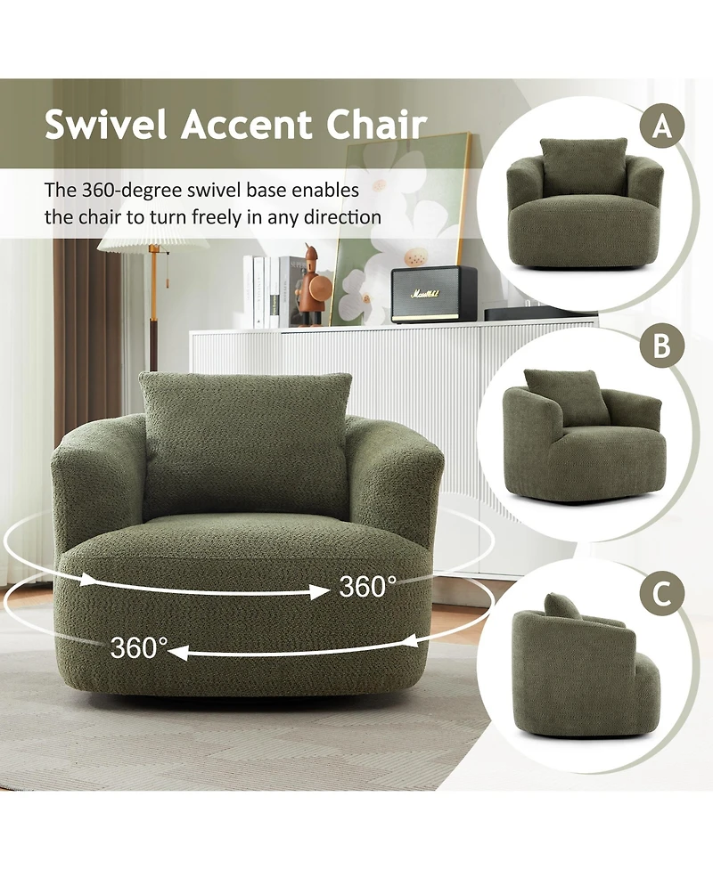 Rainsken 360degree(s) Swivel Sofa Chair, 38.2" Upholstered Barrel Chair with Deep Seating and a Throw Pillow for Living Room, Bedroom
