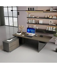 Logicfox Adjustable Executive Desk with Drawers File Cabinets Led Light