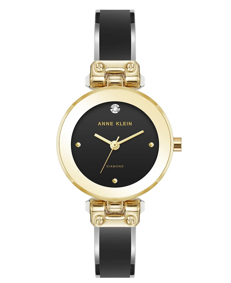 Anne Klein Women's Quartz Round Diamond Dial Gold-Tone Alloy Metal and Enamel Bangle Watch 28mm
