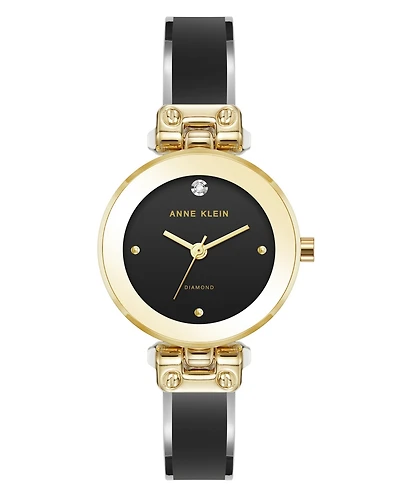 Anne Klein Women's Quartz Round Diamond Dial Gold-Tone Alloy Metal and Enamel Bangle Watch 28mm