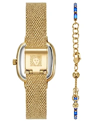 Anne Klein Women's Quartz Blue Lapis Dial Barrel-shaped Gold-Tone Stainless Steel Mesh Watch Set 22.6mm