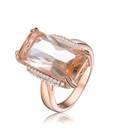 Sterling Silver with Rose Gold Plated Champagne Radiant Cubic Zirconia Solitaire Accented Clear Round Zirconias Cocktail Ring