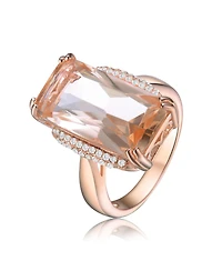 Sterling Silver with Rose Gold Plated Champagne Radiant Cubic Zirconia Solitaire Accented Clear Round Zirconias Cocktail Ring