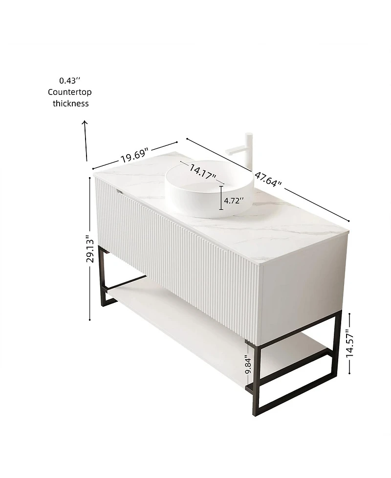 Sillysis 47.6 Inch Bathroom Vanity with Matte Round Ceramic Basin, Sintered Stone Countertop, Storage Cabinet and Open Shelf