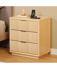 homfan Modern Bedside Cabinet with 3 Drawers and Built-in Us Standard Charging Station, Sleek Bedroom Furniture