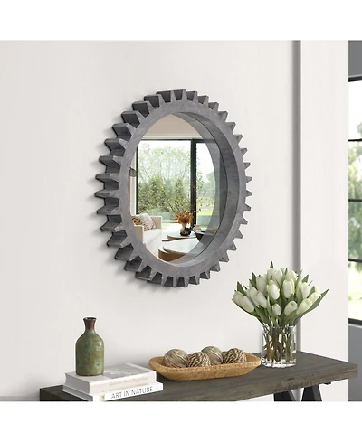 Rainsken 17'' x 17'' Vintage Round Wall Mirror, Decorative Mirror with Hanging Gear Shape Heavy, Wooden Frame Makeup Mirror for Bathroom
