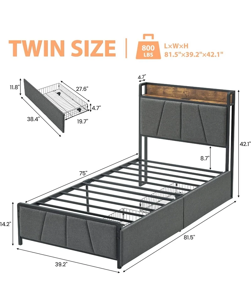 gaomon Twin Upholstered Bed with Storage Headboard, 2 Drawers and Usb