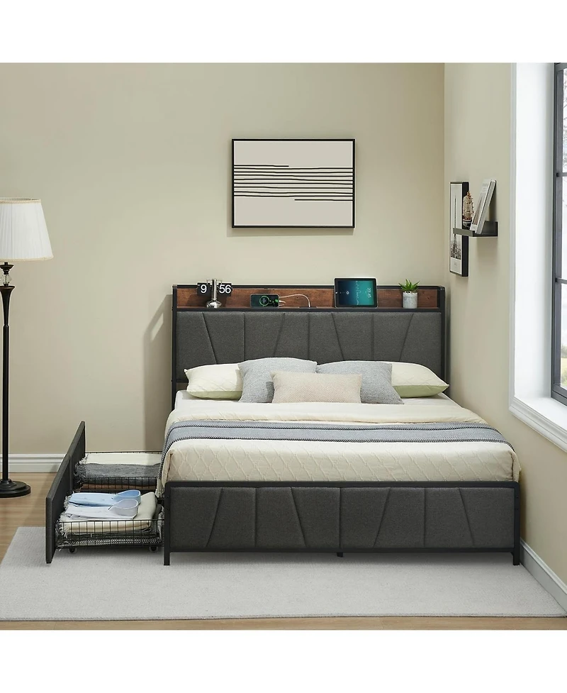 gaomon Queen Upholstered Bed with Storage Headboard, 2 Drawers