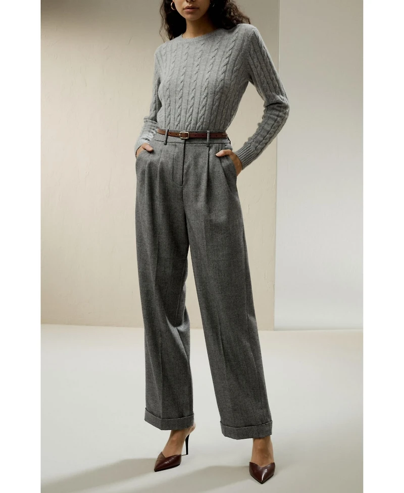Lilysilk Women's Classic Cable Knit Sweater with Ribbed Edges