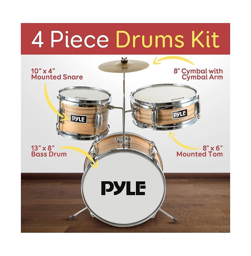 Pyle 3-Piece Kids/Junior Drum Set - Includes Bass Drum, Tom, Snare, Cymbal, Throne, and Sticks, Natural Finish (PDRMKIT72N)