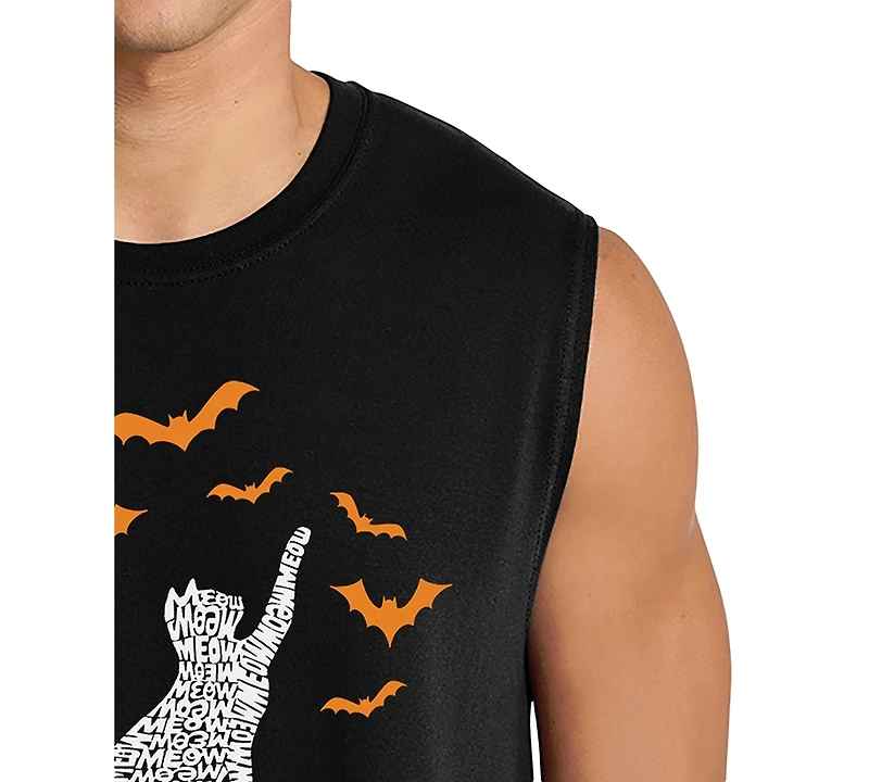 La Pop Art Men's Cat on Moon Halloween Word Graphic Tank Top