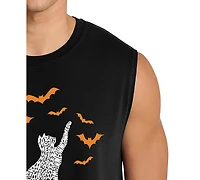 La Pop Art Men's Cat on Moon Halloween Word Graphic Tank Top