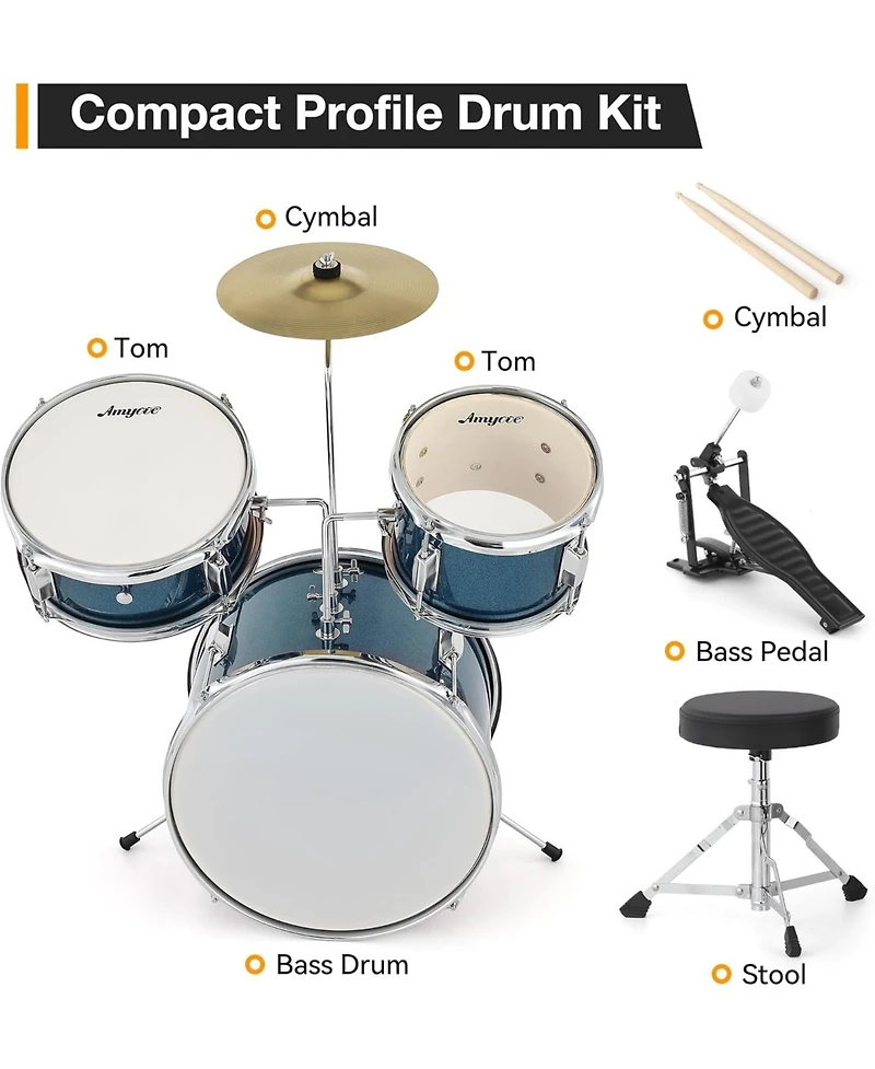 gaomon 3-Piece Kids Acoustic Drum Set - Wood Metal for Starter Drummers Music Learning