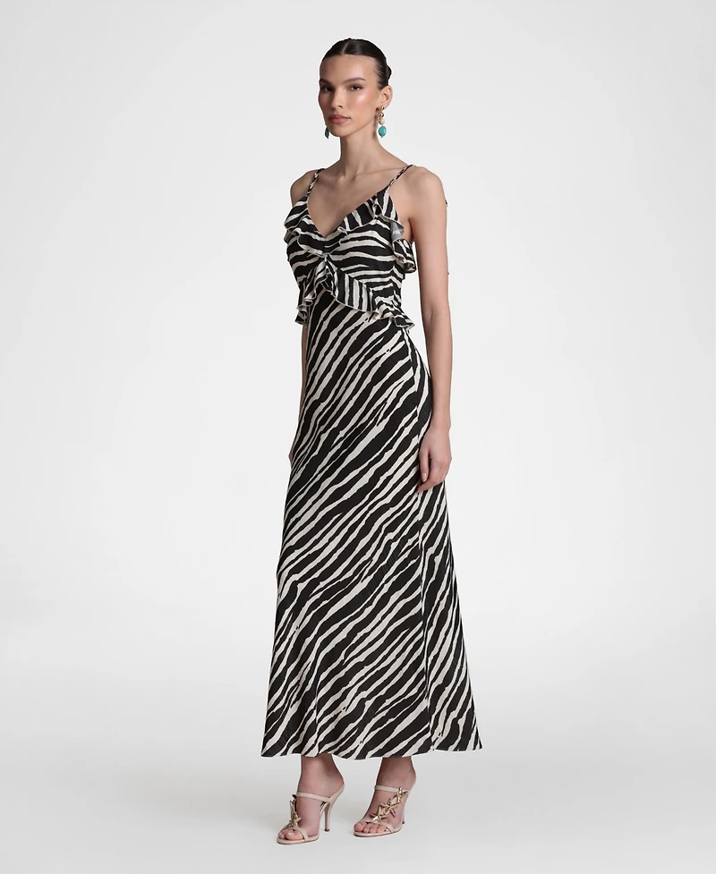 Avec Les Filles Women's Viscose-Blend Braided Tie Ruffle Maxi Dress