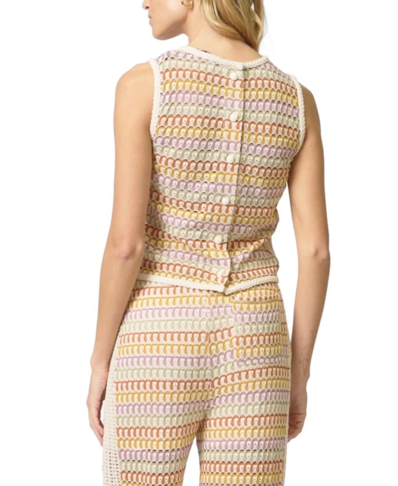Central Park West Women's Celine Rainbow Crochet Button Back Shell