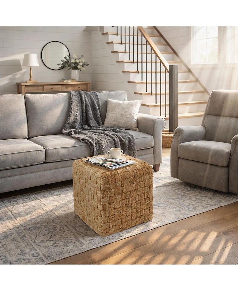Casafield Seagrass Cube Ottoman, Square Handwoven Pouf, Indoor Boho Home Decor for Living Room, Apartment