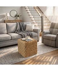 Casafield Seagrass Cube Ottoman, Square Handwoven Pouf, Indoor Boho Home Decor for Living Room, Apartment