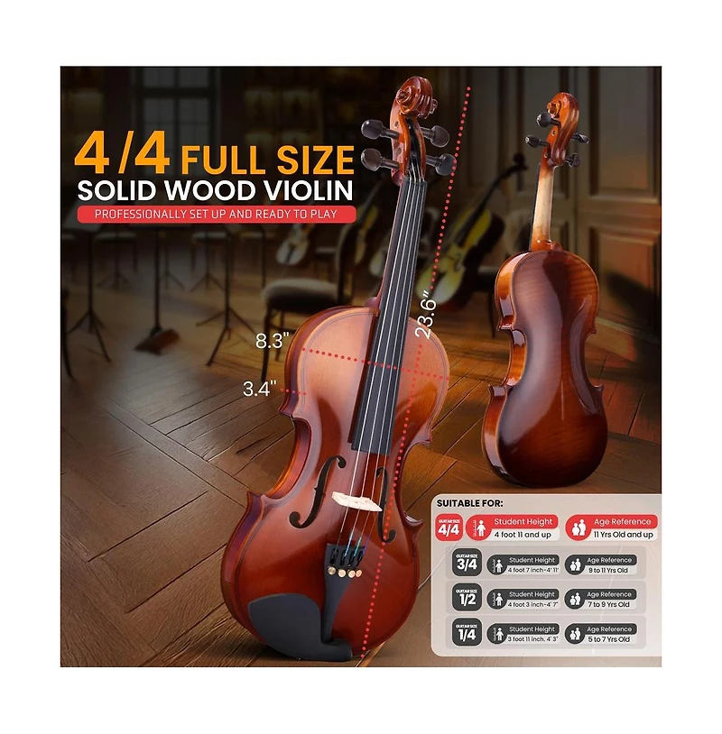 Pyle Premium Solid Wood Full Size Violin Kit, 4/4 Violin Starter Package with Travel Case & Bow, Extra Strings, Digital Tuner