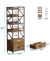 Slickblue 70.86 Inch Industrial Bookshelf with 5 Tier Shelves and 2 Drawers