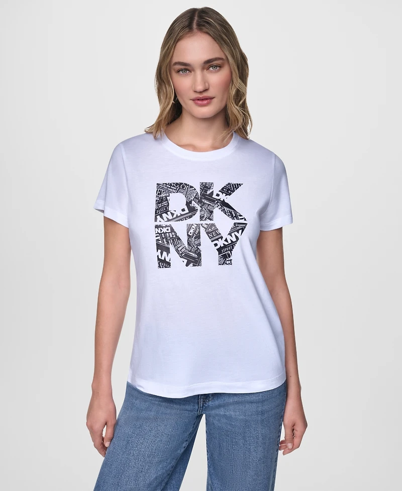 Dkny Jeans Women's Short-Sleeve Newsprint Stacked Logo Crewneck T-Shirt
