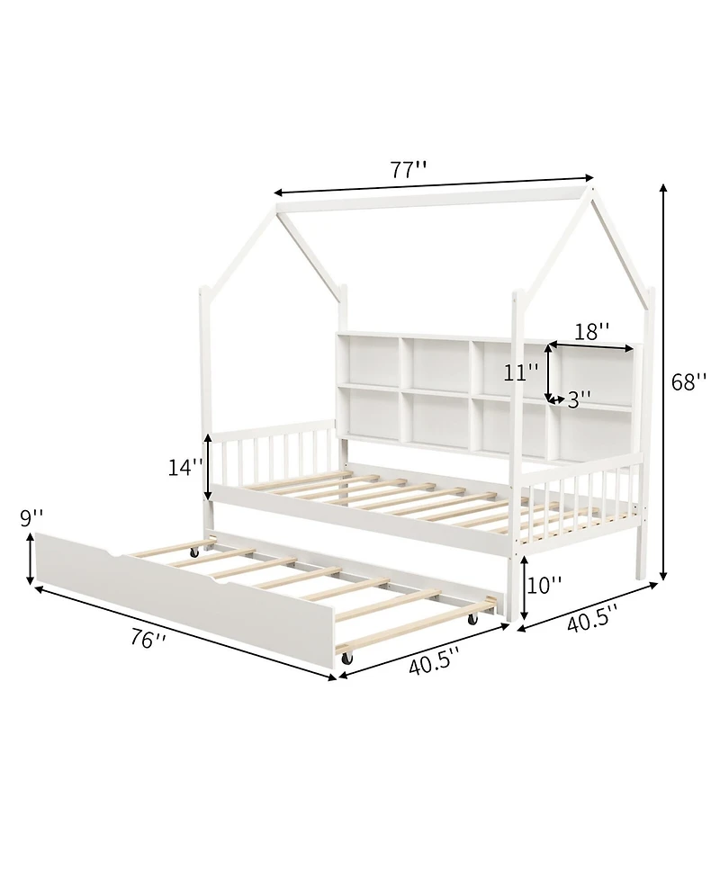 Gymax Twin House Daybed with Trundle Wooden Bed 8 Storage Shelf Compartments