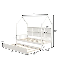 Gymax Twin House Daybed with Trundle Wooden Bed 8 Storage Shelf Compartments