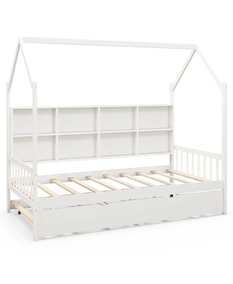 Gymax Twin House Daybed with Trundle Wooden Bed 8 Storage Shelf Compartments