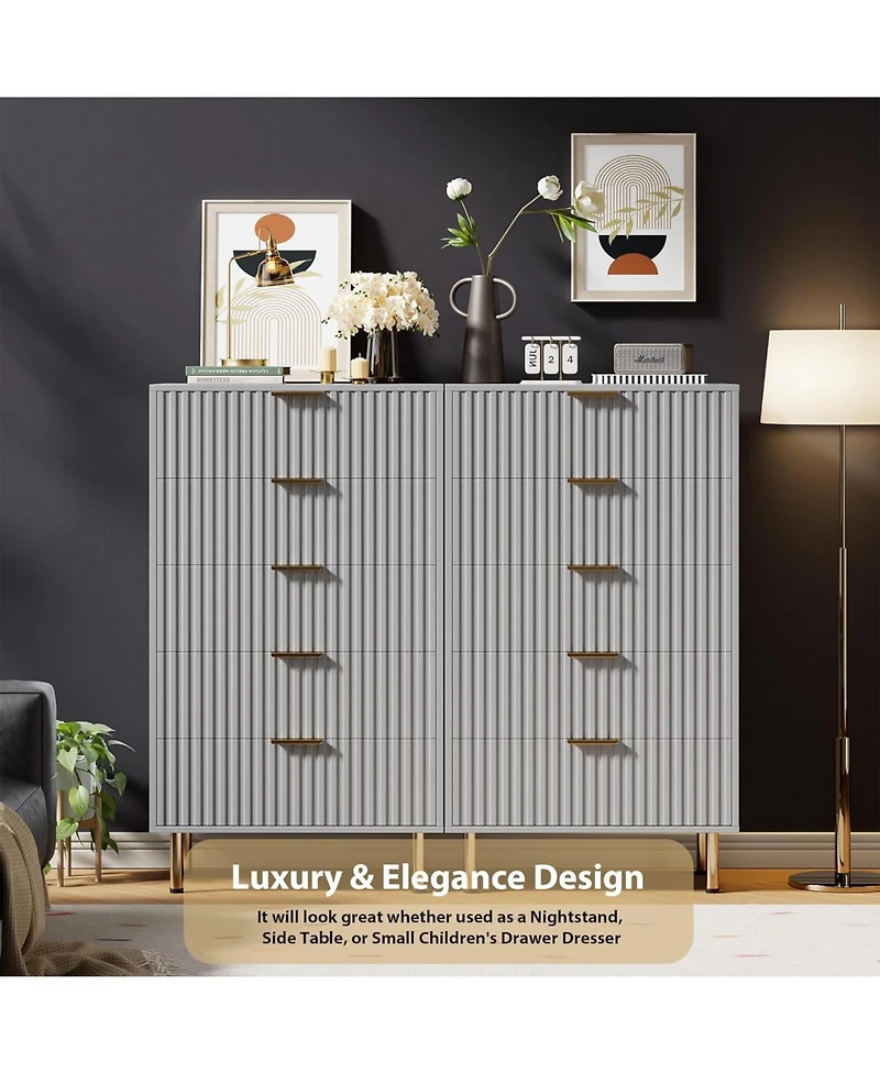 homfan Modern Fluted 5 Drawer Dresser - 48" Tall Wooden Chest with Deep Storage, Wide Top, Organizer for Bedroom, Living Room, Hallway, Kids Room