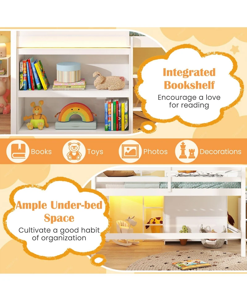 Gymax Twin Size Loft Bed w/ Led Lights and Roof Window and Storage Bookshelf and Guardrails