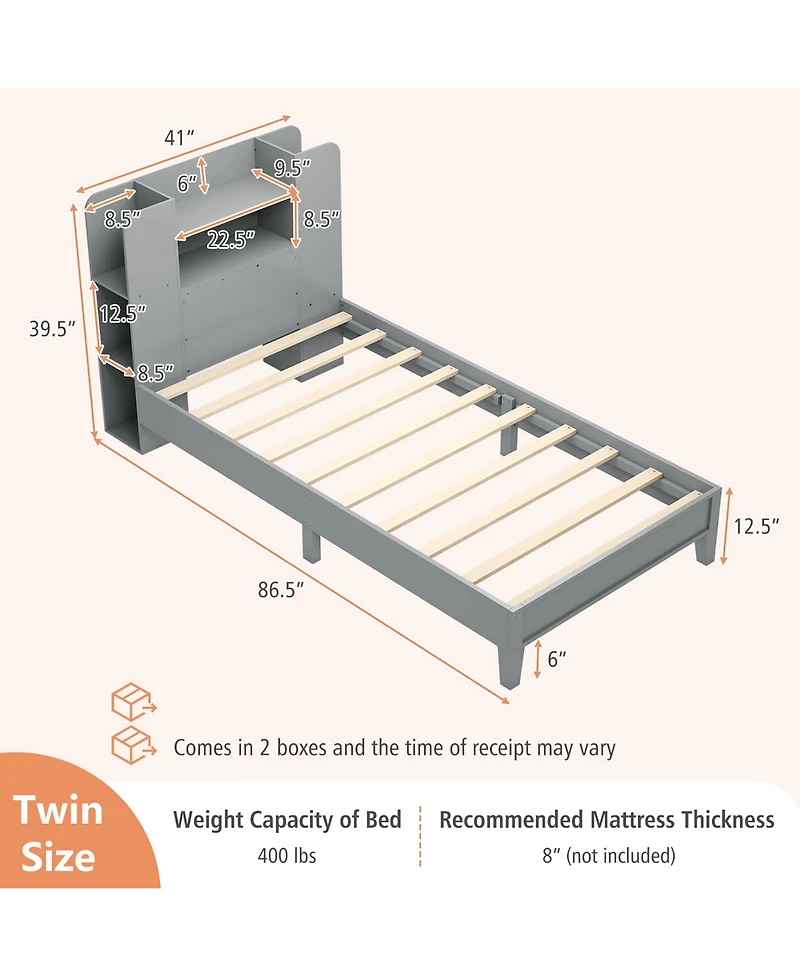 Gymax Twin Size Bed Frame Wooden Platform Bed Kids Bed Frame w/ Bookcase Headboard