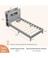 Gymax Twin Size Bed Frame Wooden Platform Bed Kids Bed Frame w/ Bookcase Headboard